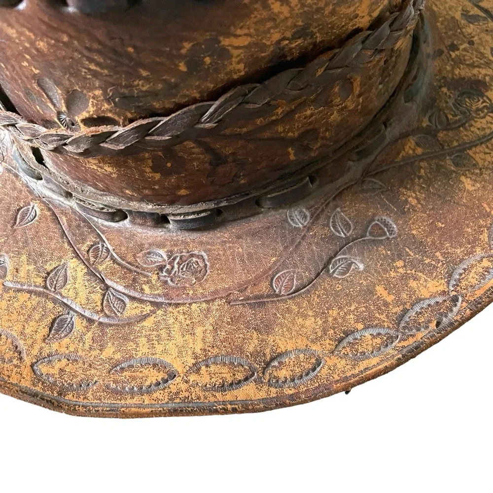 (SOLD) HANDMADE Vintage Hand Tooled Leather Mexican Western Cowboy Hat Hat O/S - Picture 13 of 15